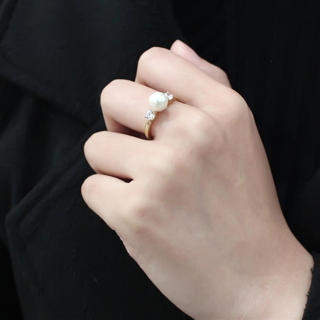 IP Gold(Ion Plating) Stainless Steel Ring with Synthetic Pearl in White