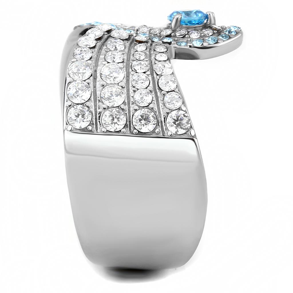 No Plating Stainless Steel Ring with AAA Grade CZ  in Sea Blue