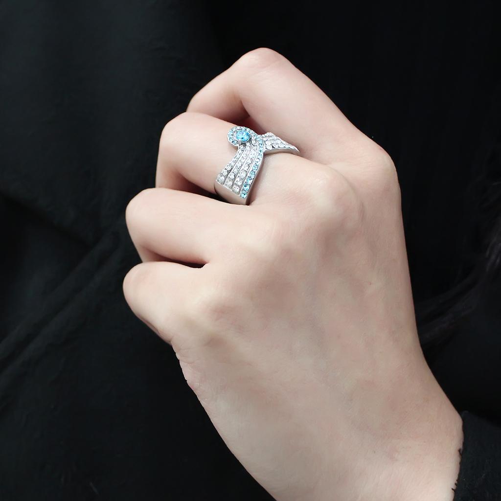 No Plating Stainless Steel Ring with AAA Grade CZ  in Sea Blue