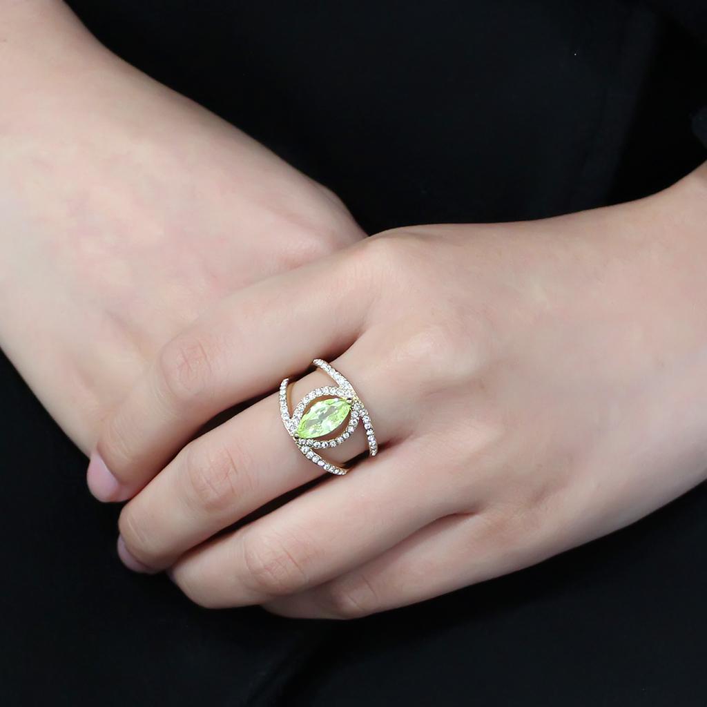 IP Gold(Ion Plating) Stainless Steel Ring with AAA Grade CZ  in Apple Green color