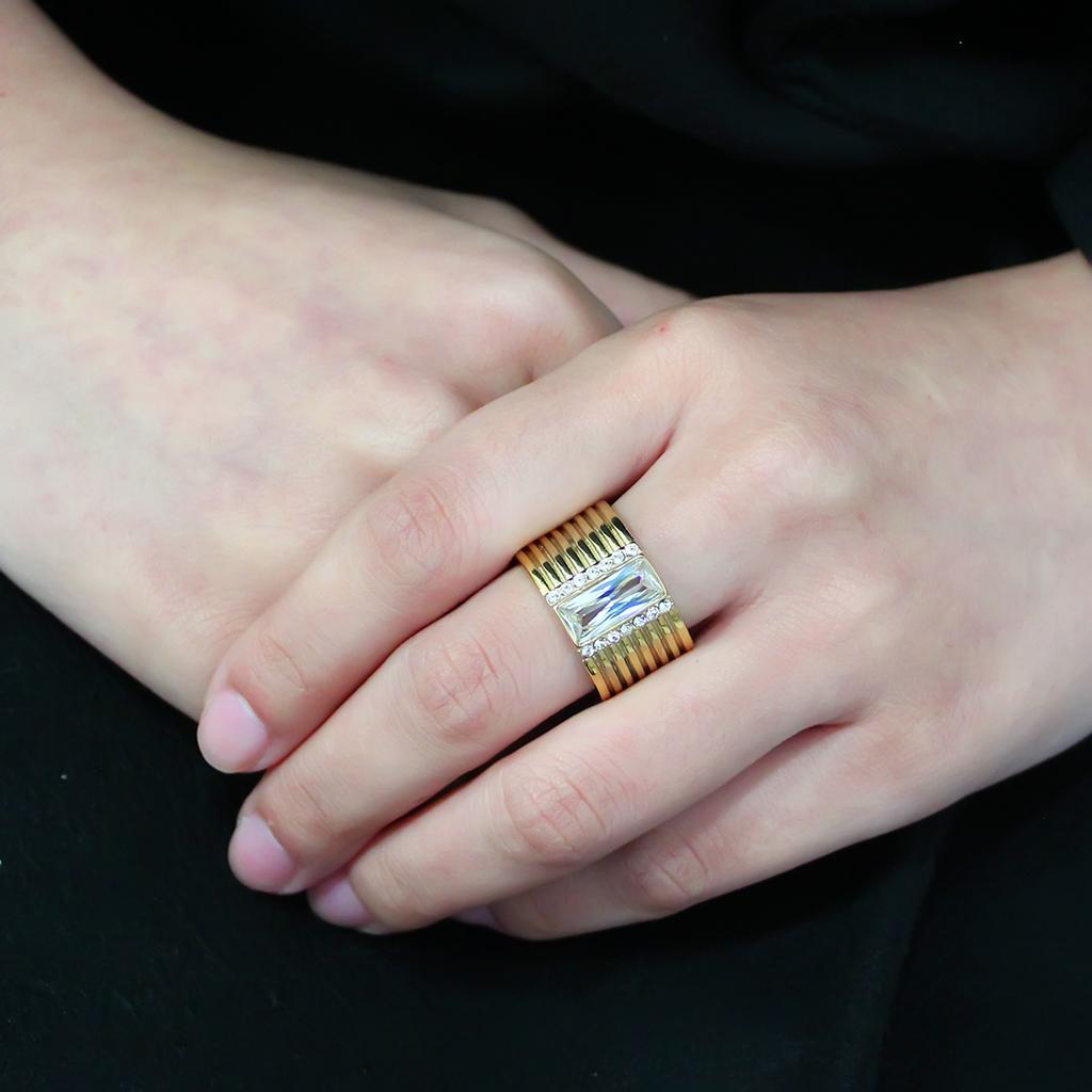 IP Gold(Ion Plating) Stainless Steel Ring with AAA Grade CZ  in Clear