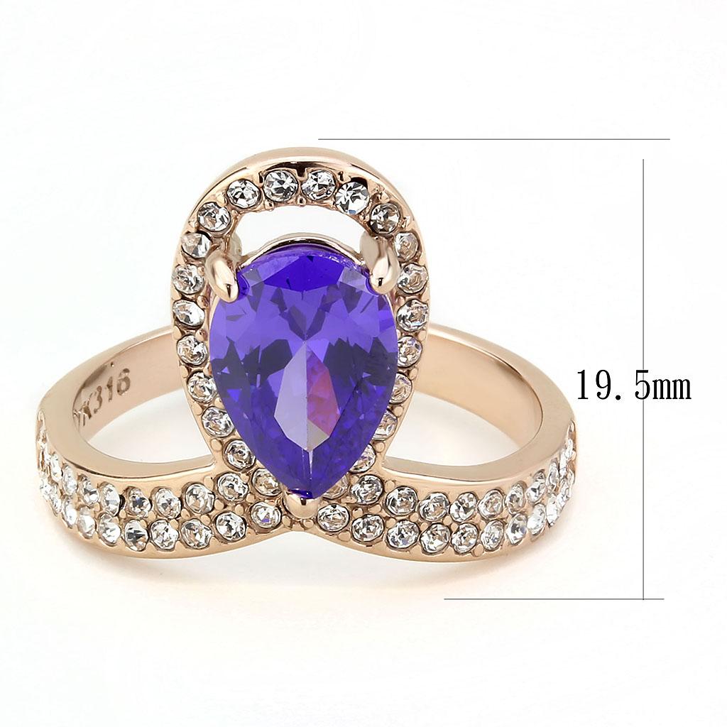 IP Rose Gold(Ion Plating) Stainless Steel Ring with AAA Grade CZ  in Tanzanite