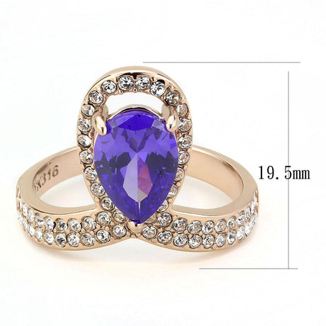 IP Rose Gold(Ion Plating) Stainless Steel Ring with AAA Grade CZ  in Tanzanite