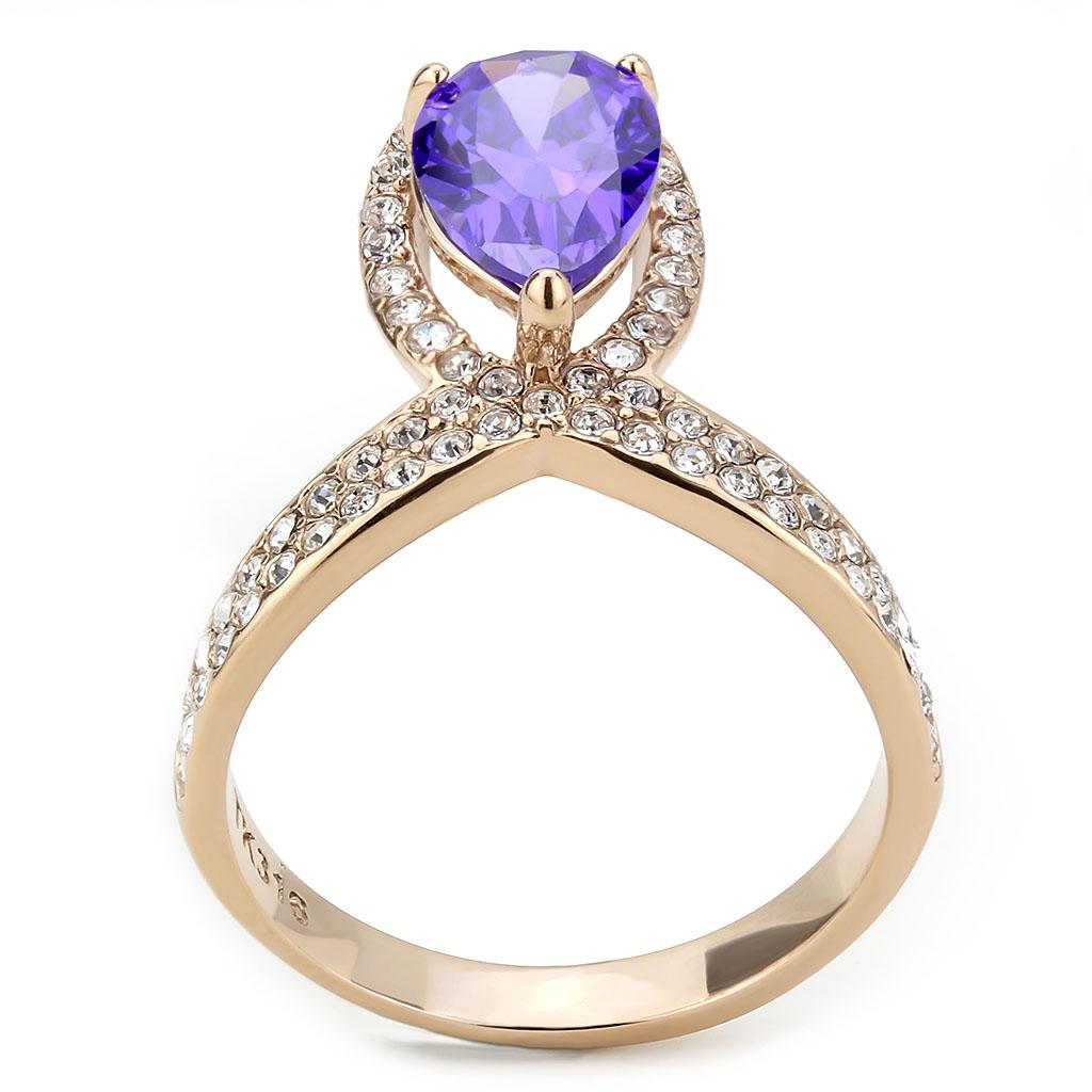 IP Rose Gold(Ion Plating) Stainless Steel Ring with AAA Grade CZ  in Tanzanite