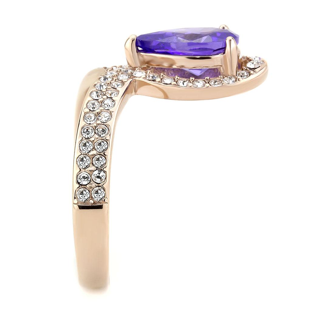 IP Rose Gold(Ion Plating) Stainless Steel Ring with AAA Grade CZ  in Tanzanite