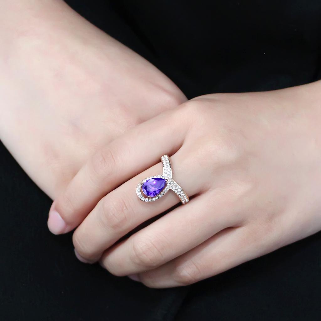 IP Rose Gold(Ion Plating) Stainless Steel Ring with AAA Grade CZ  in Tanzanite