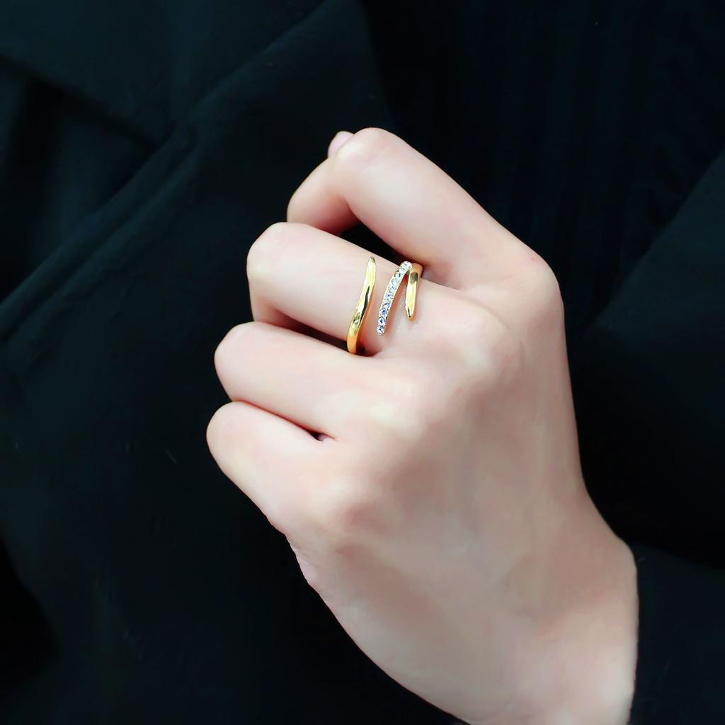 IP Gold(Ion Plating) Stainless Steel Ring with Top Grade Crystal  in Clear