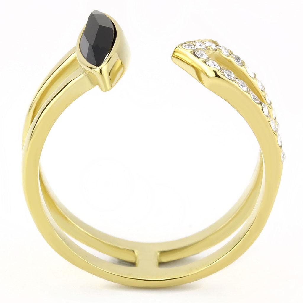 IP Gold(Ion Plating) Stainless Steel Ring with Top Grade Crystal  in Jet