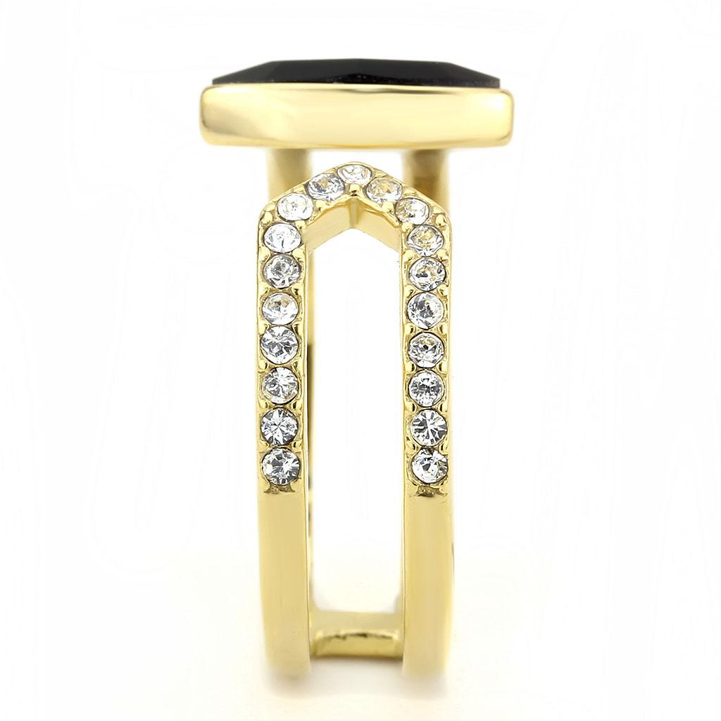IP Gold(Ion Plating) Stainless Steel Ring with Top Grade Crystal  in Jet