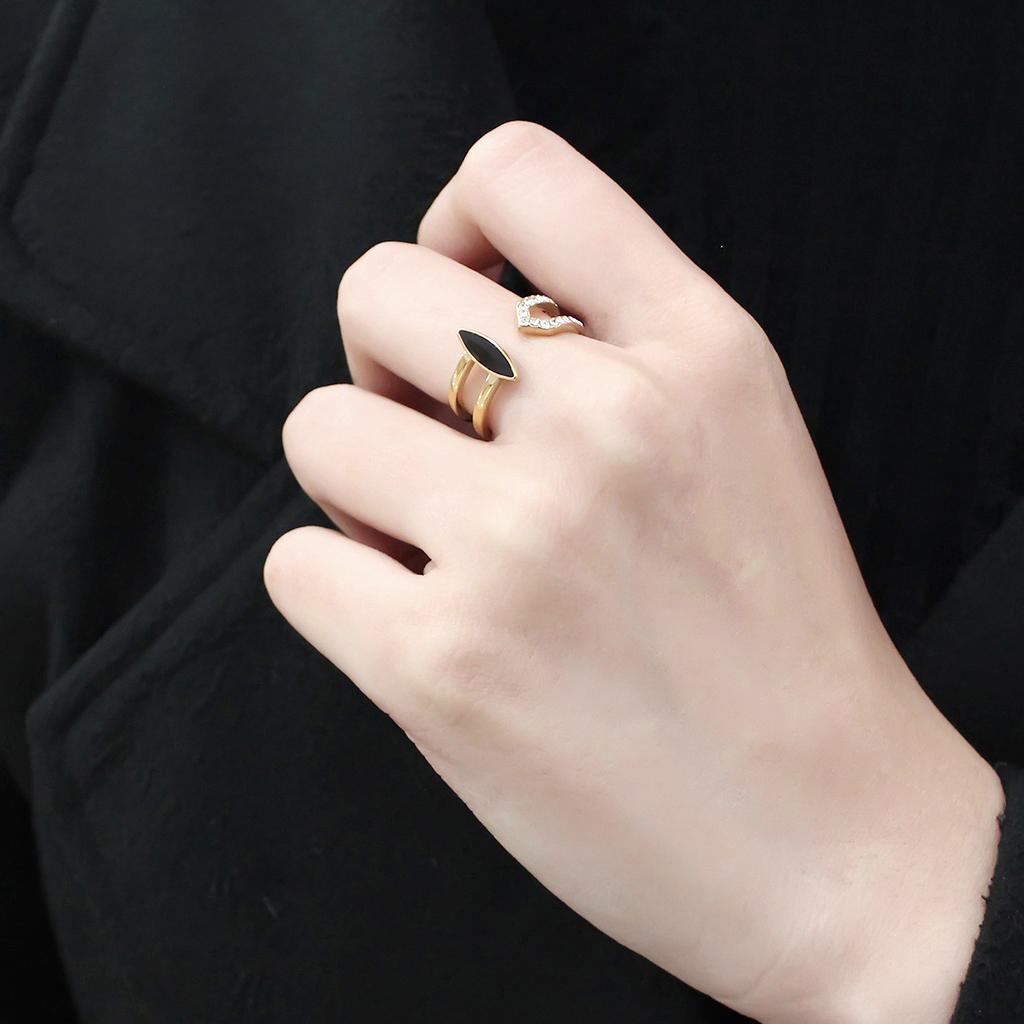 IP Gold(Ion Plating) Stainless Steel Ring with Top Grade Crystal  in Jet