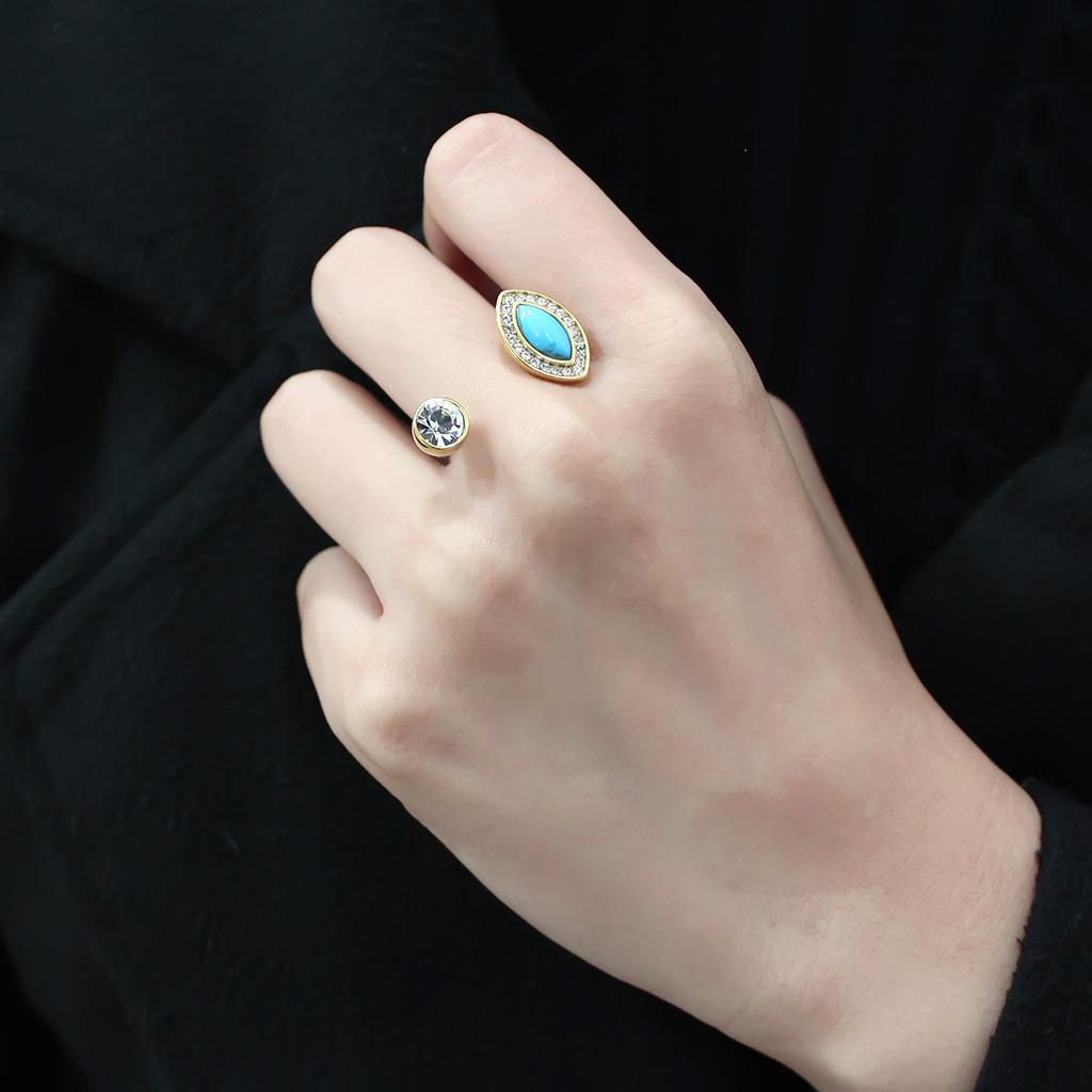 IP Gold(Ion Plating) Stainless Steel Ring with Synthetic Turquoise in Turquoise