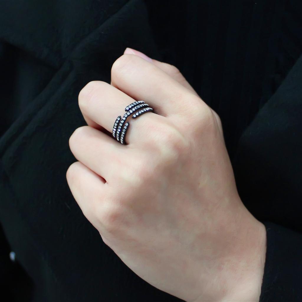 IP Black(Ion Plating) Stainless Steel Ring with Top Grade Crystal  in Clear