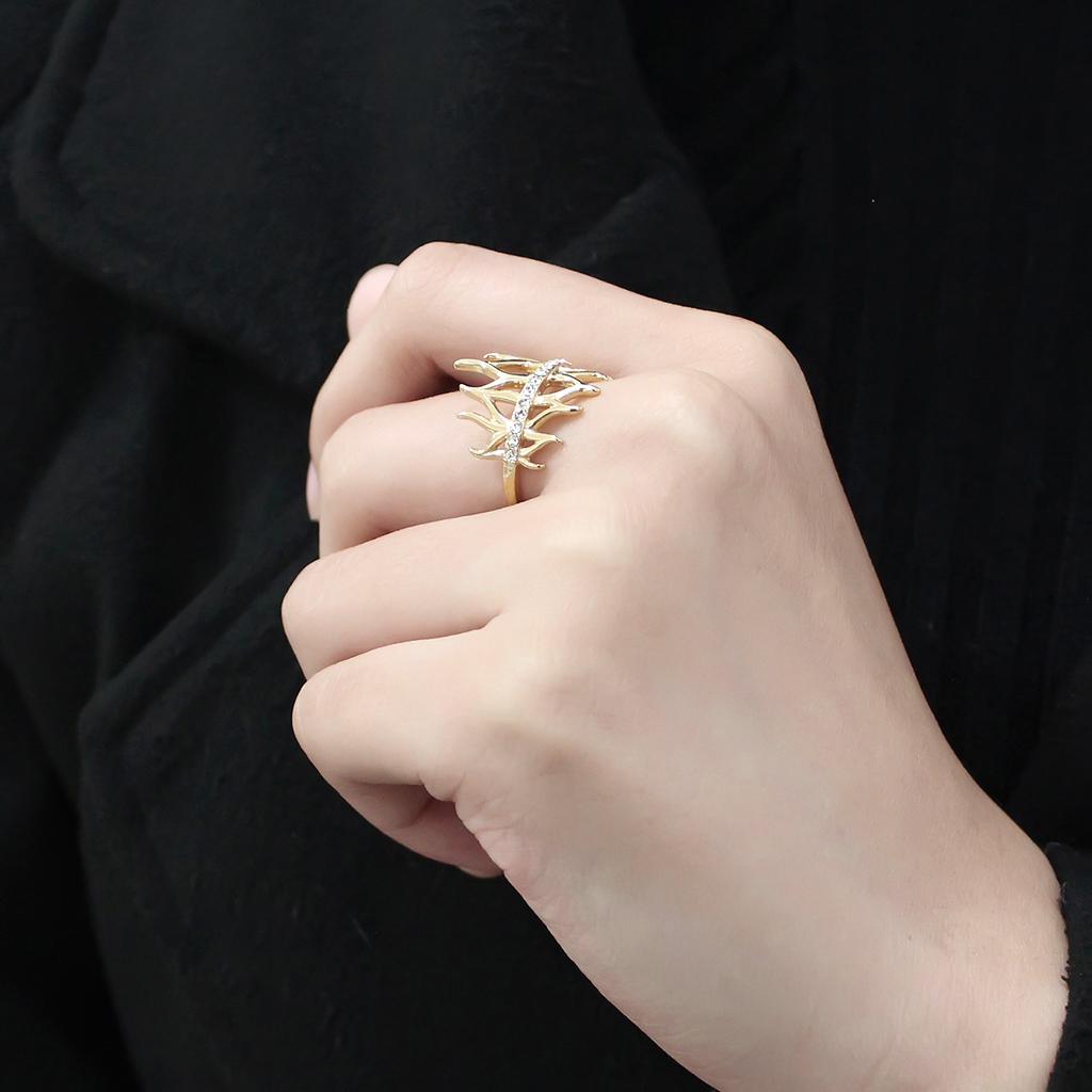 IP Gold(Ion Plating) Stainless Steel Ring with Top Grade Crystal  in Clear