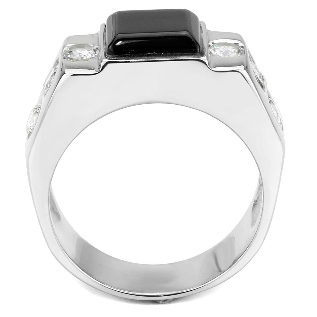 High polished (no plating) Stainless Steel Ring with Synthetic Onyx in Jet