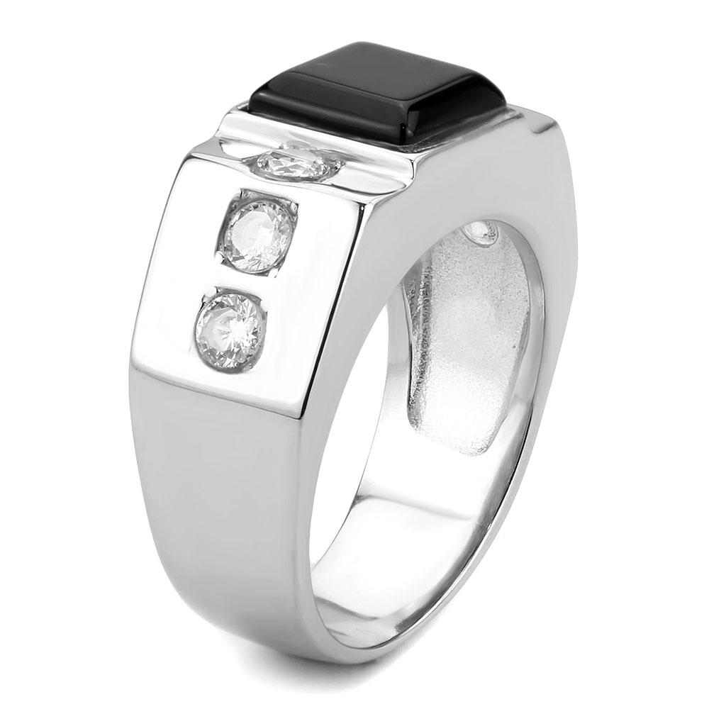 High polished (no plating) Stainless Steel Ring with Synthetic Onyx in Jet