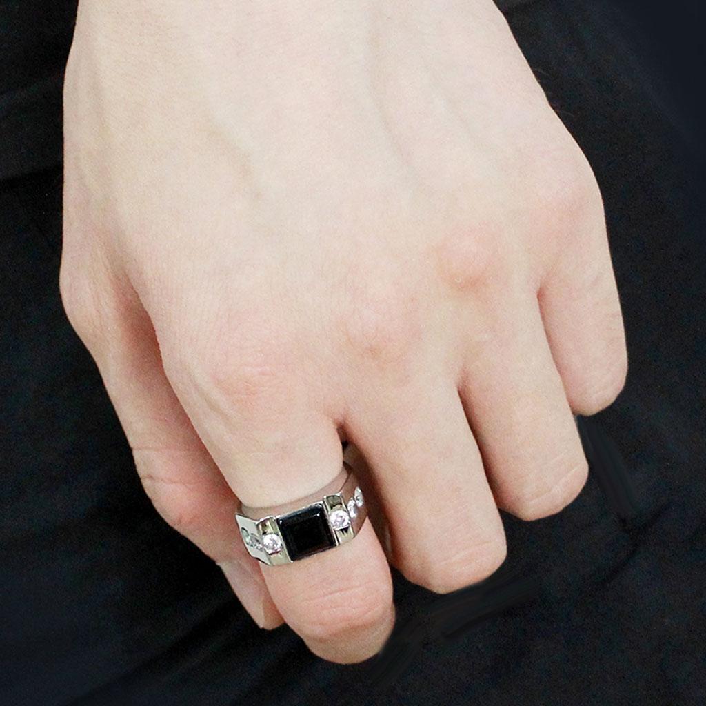 High polished (no plating) Stainless Steel Ring with Synthetic Onyx in Jet