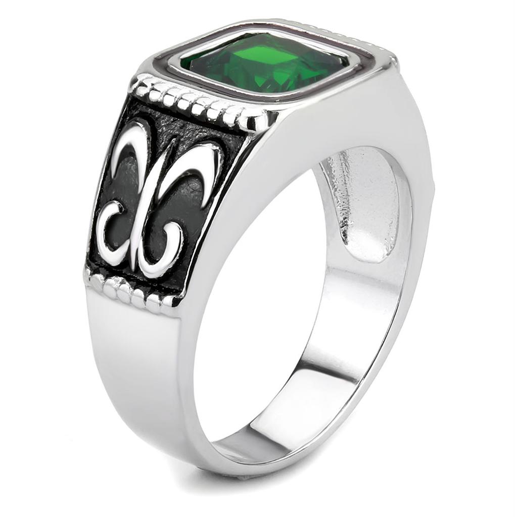 High polished (no plating) Stainless Steel Ring with Synthetic Synthetic Glass in Emerald