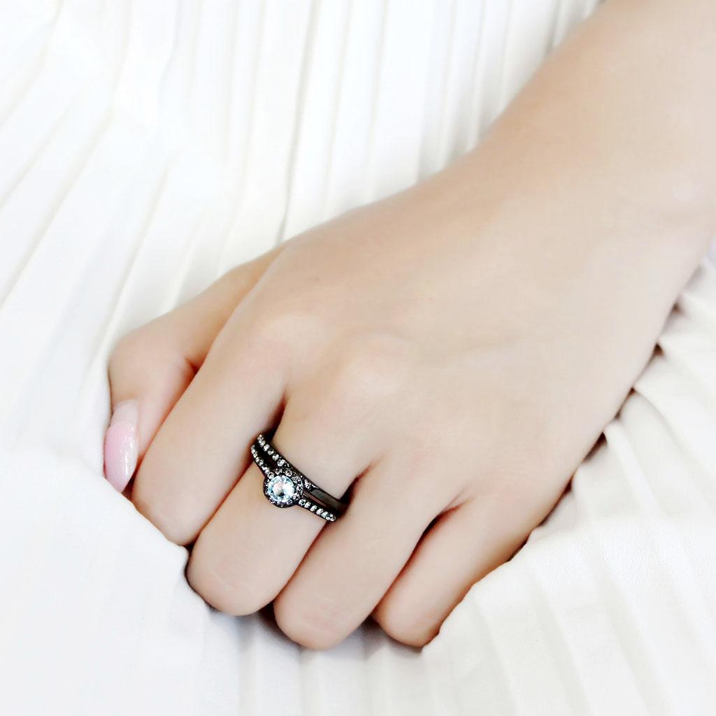 IP Black(Ion Plating) Stainless Steel Ring with Synthetic Synthetic Glass in Sea Blue