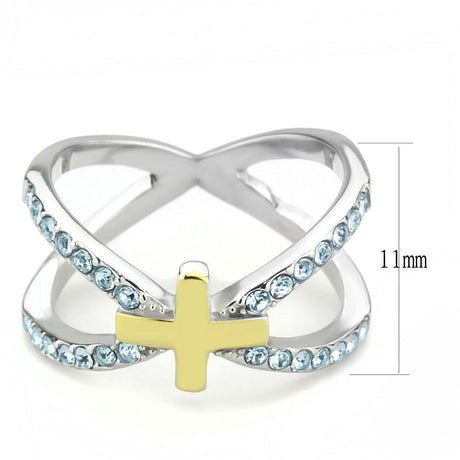 Two-Tone IP Gold (Ion Plating) Stainless Steel Ring with Top Grade Crystal  in Sea Blue