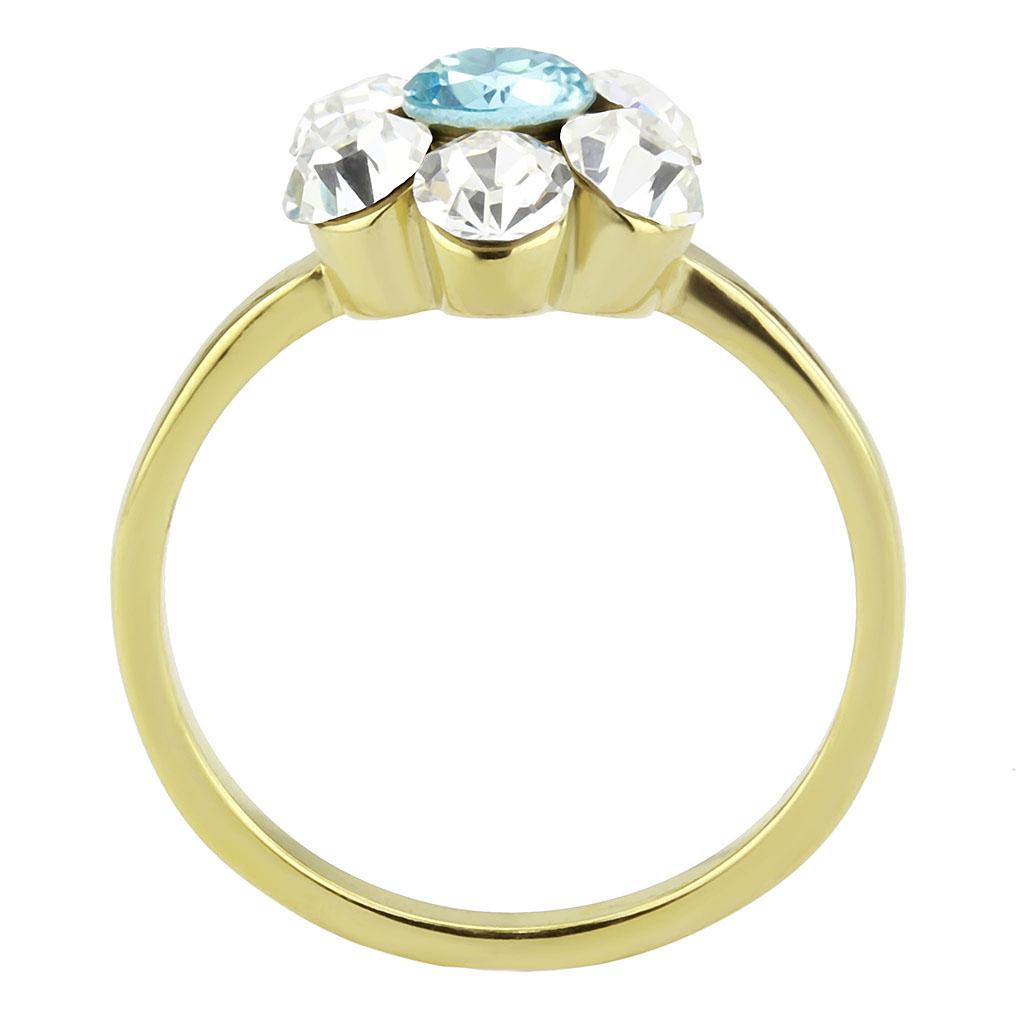 IP Gold(Ion Plating) Stainless Steel Ring with Synthetic Synthetic Glass in Sea Blue