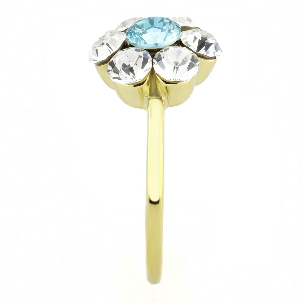 IP Gold(Ion Plating) Stainless Steel Ring with Synthetic Synthetic Glass in Sea Blue