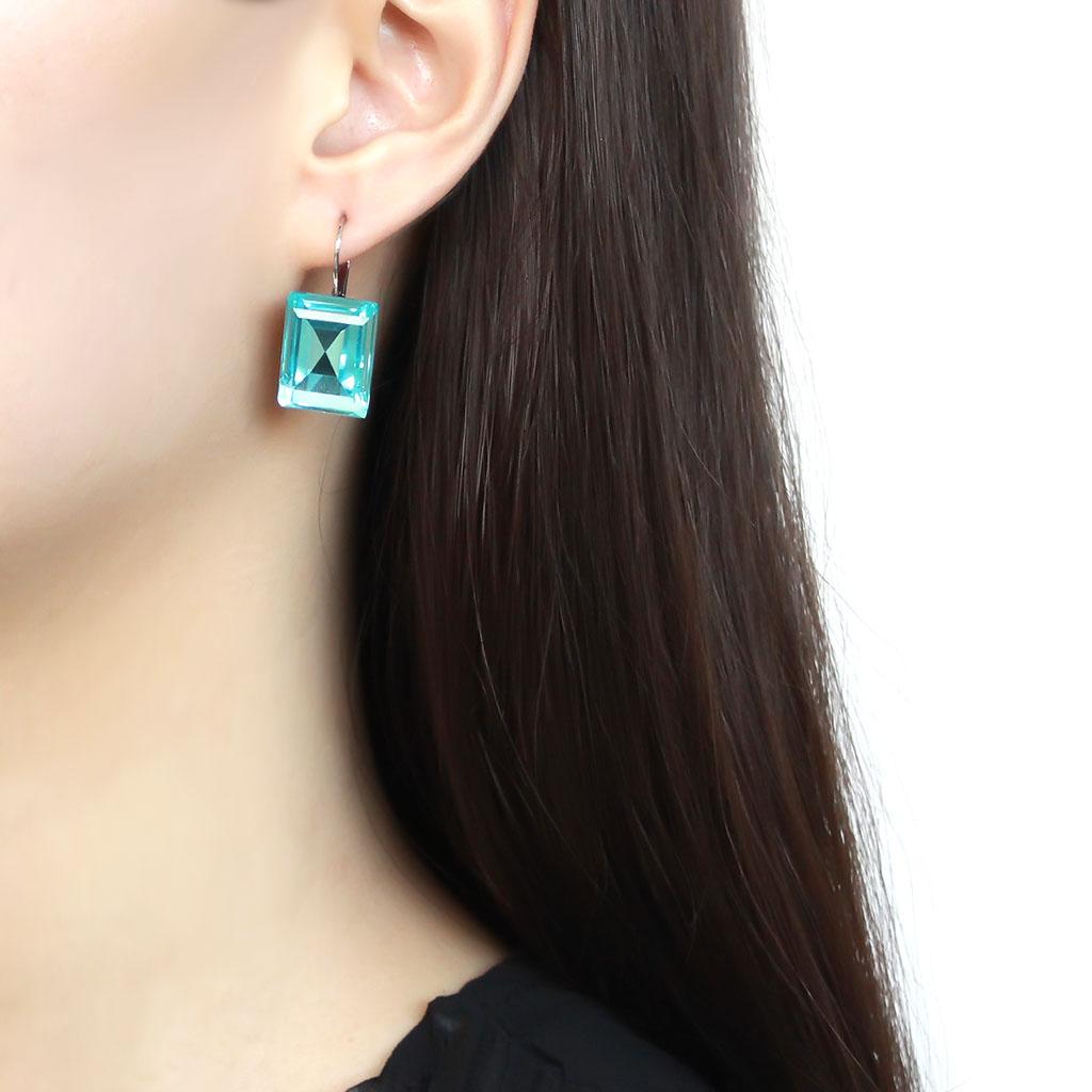 High polished (no plating) Stainless Steel Earrings with Top Grade Crystal  in Sea Blue