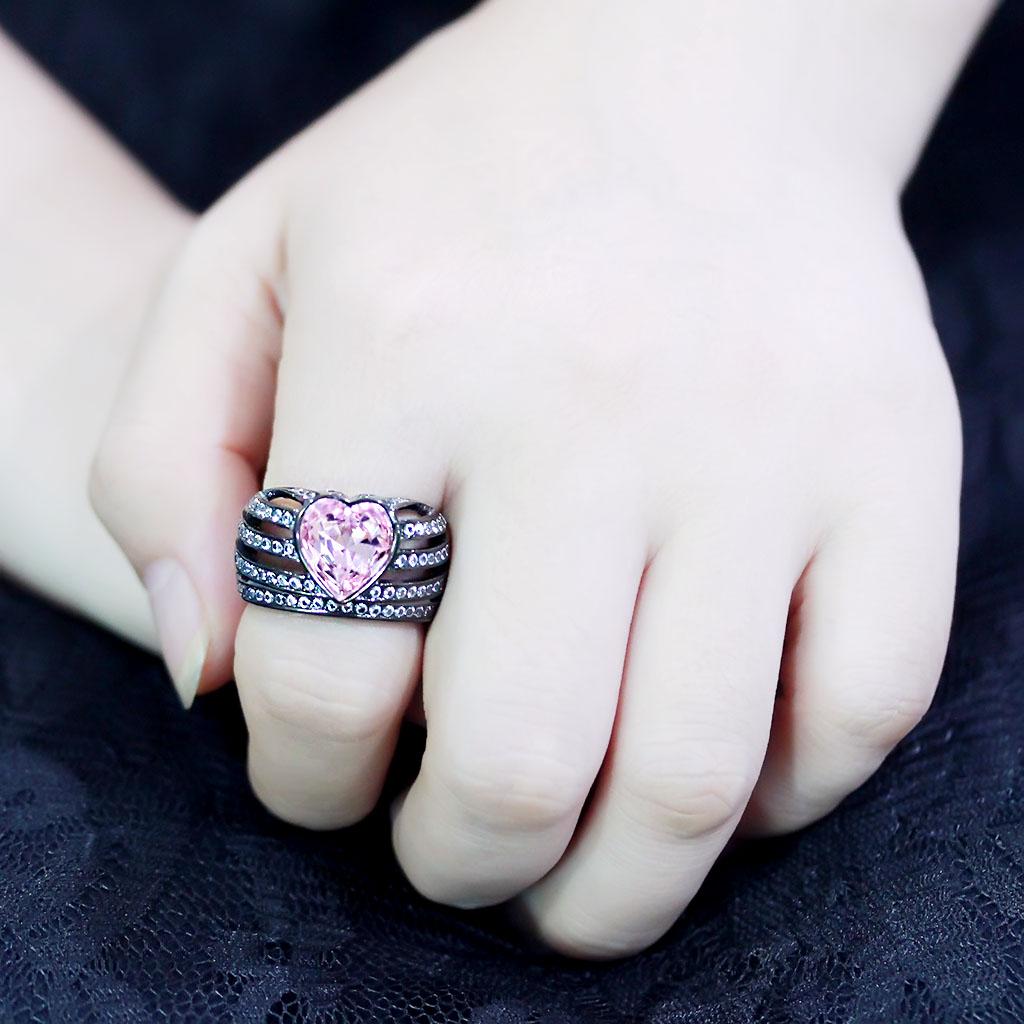 IP Black(Ion Plating) Stainless Steel Ring with Top Grade Crystal  in Light Rose