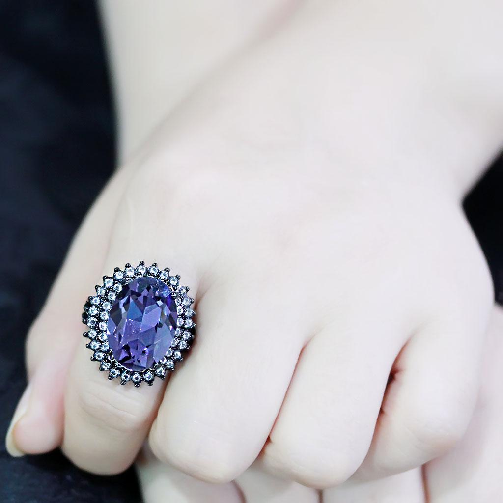 IP Black(Ion Plating) Stainless Steel Ring with Top Grade Crystal  in Tanzanite