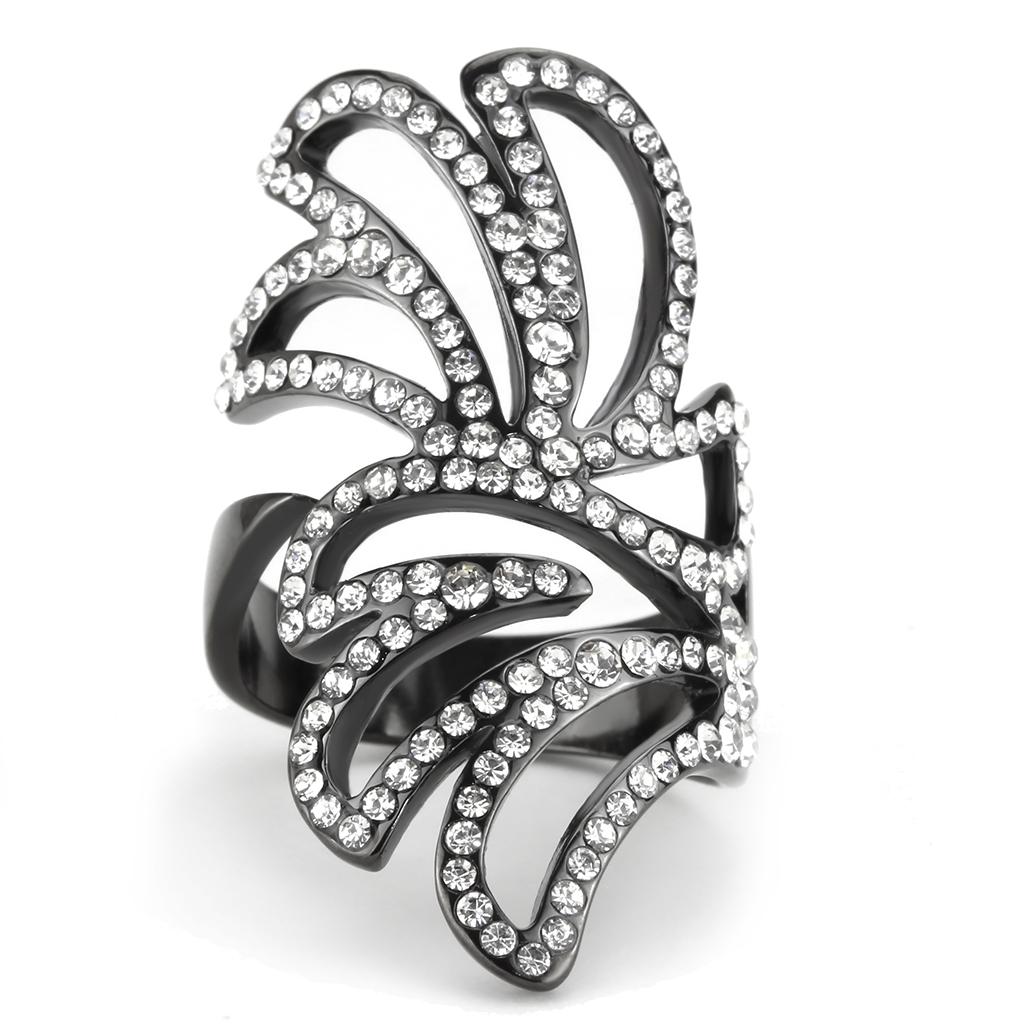 IP Light Black  (IP Gun) Stainless Steel Ring with Top Grade Crystal  in Clear