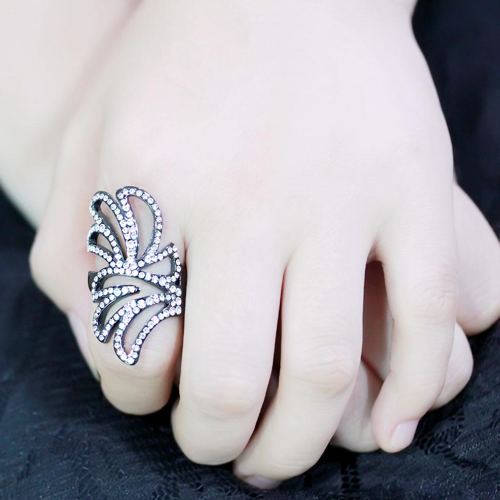 IP Light Black  (IP Gun) Stainless Steel Ring with Top Grade Crystal  in Clear