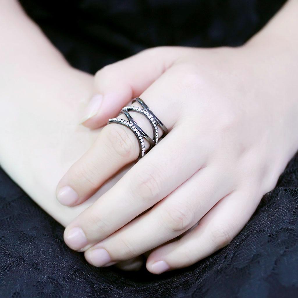 IP Light Black  (IP Gun) Stainless Steel Ring with Top Grade Crystal  in Clear