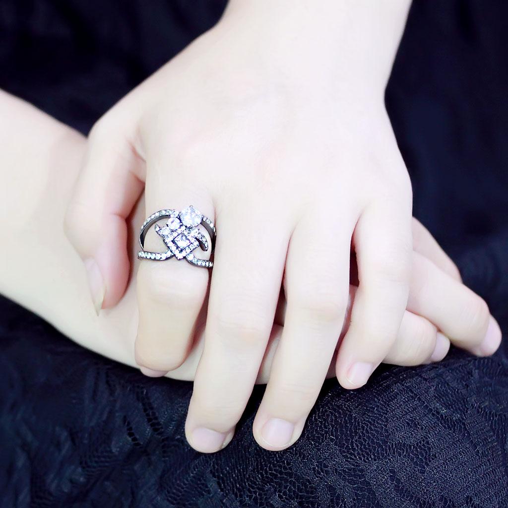 IP Light Black  (IP Gun) Stainless Steel Ring with AAA Grade CZ  in Clear