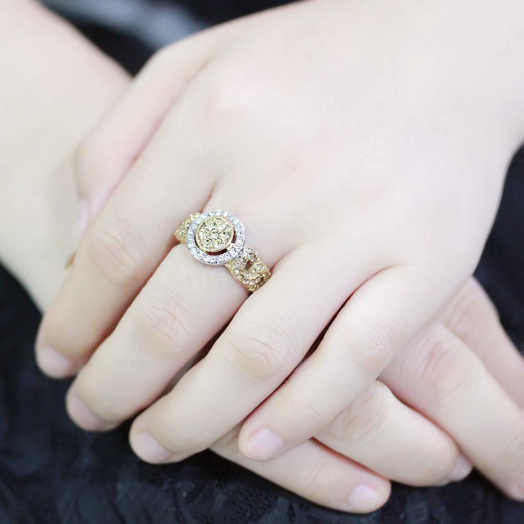 Two-Tone IP Gold (Ion Plating) Stainless Steel Ring with Top Grade Crystal  in Multi Color