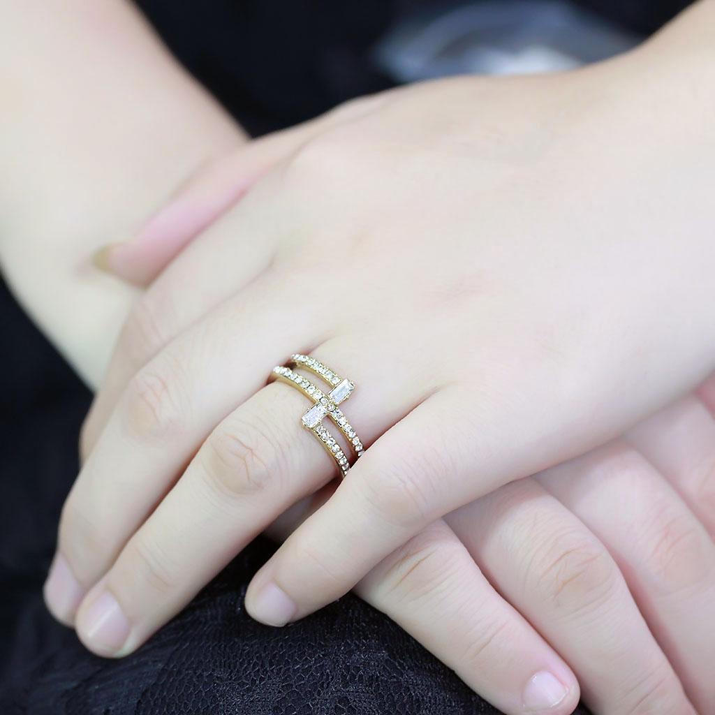IP Gold(Ion Plating) Stainless Steel Ring with Top Grade Crystal  in Clear