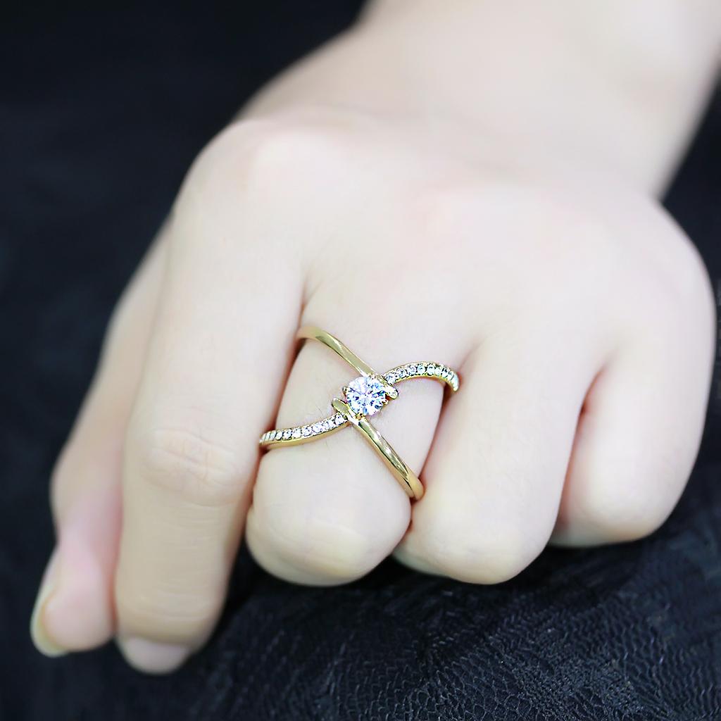 IP Gold(Ion Plating) Stainless Steel Ring with AAA Grade CZ  in Clear
