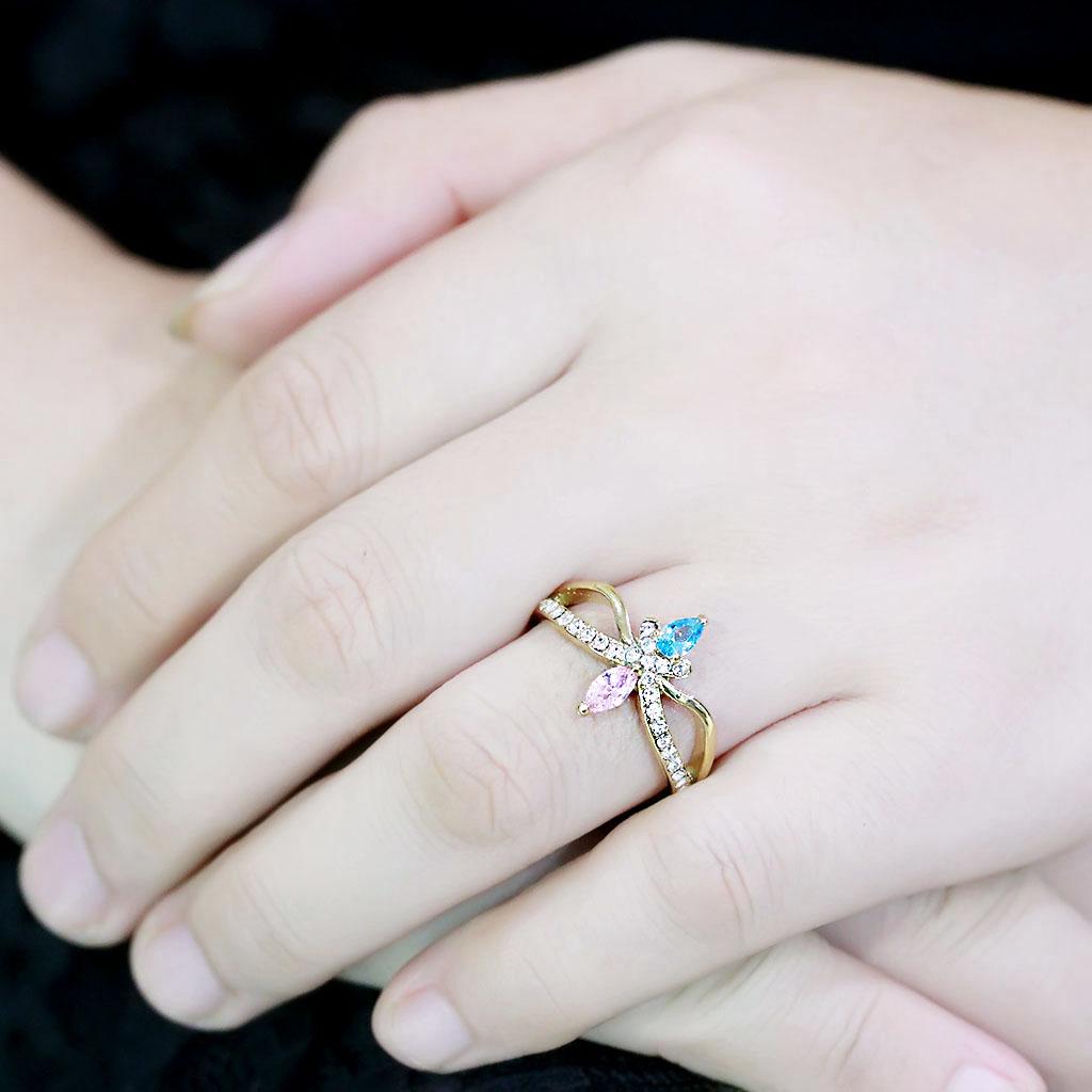 IP Gold(Ion Plating) Stainless Steel Ring with AAA Grade CZ  in Multi Color
