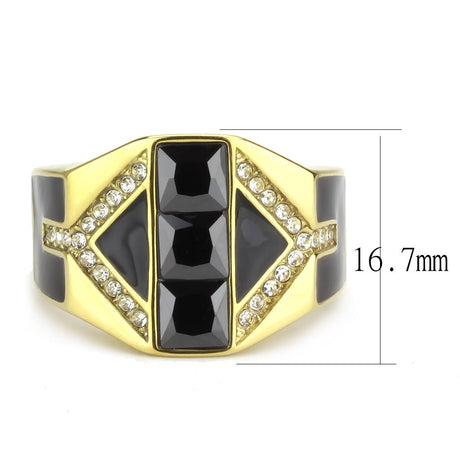 IP Gold(Ion Plating) Stainless Steel Ring with AAA Grade CZ  in Black Diamond
