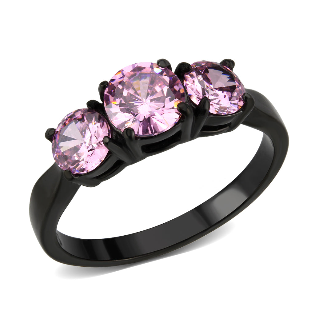 IP Black Stainless Steel Ring with AAA Grade CZ in Rose