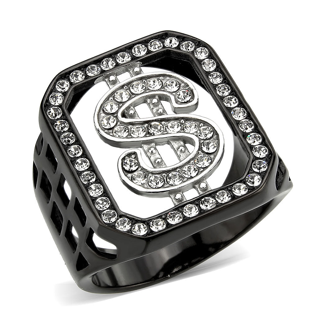 Two Tone IP Black (Ion Plating) Stainless Steel Ring with Top Grade Crystal in Clear