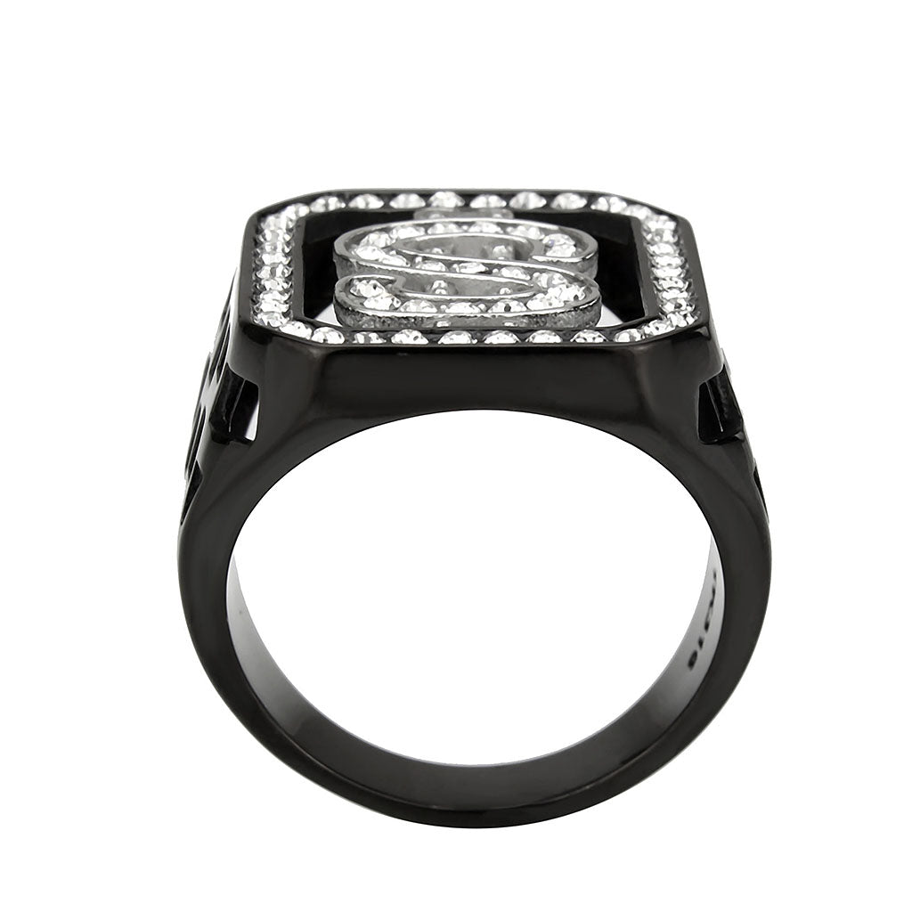Two Tone IP Black (Ion Plating) Stainless Steel Ring with Top Grade Crystal in Clear