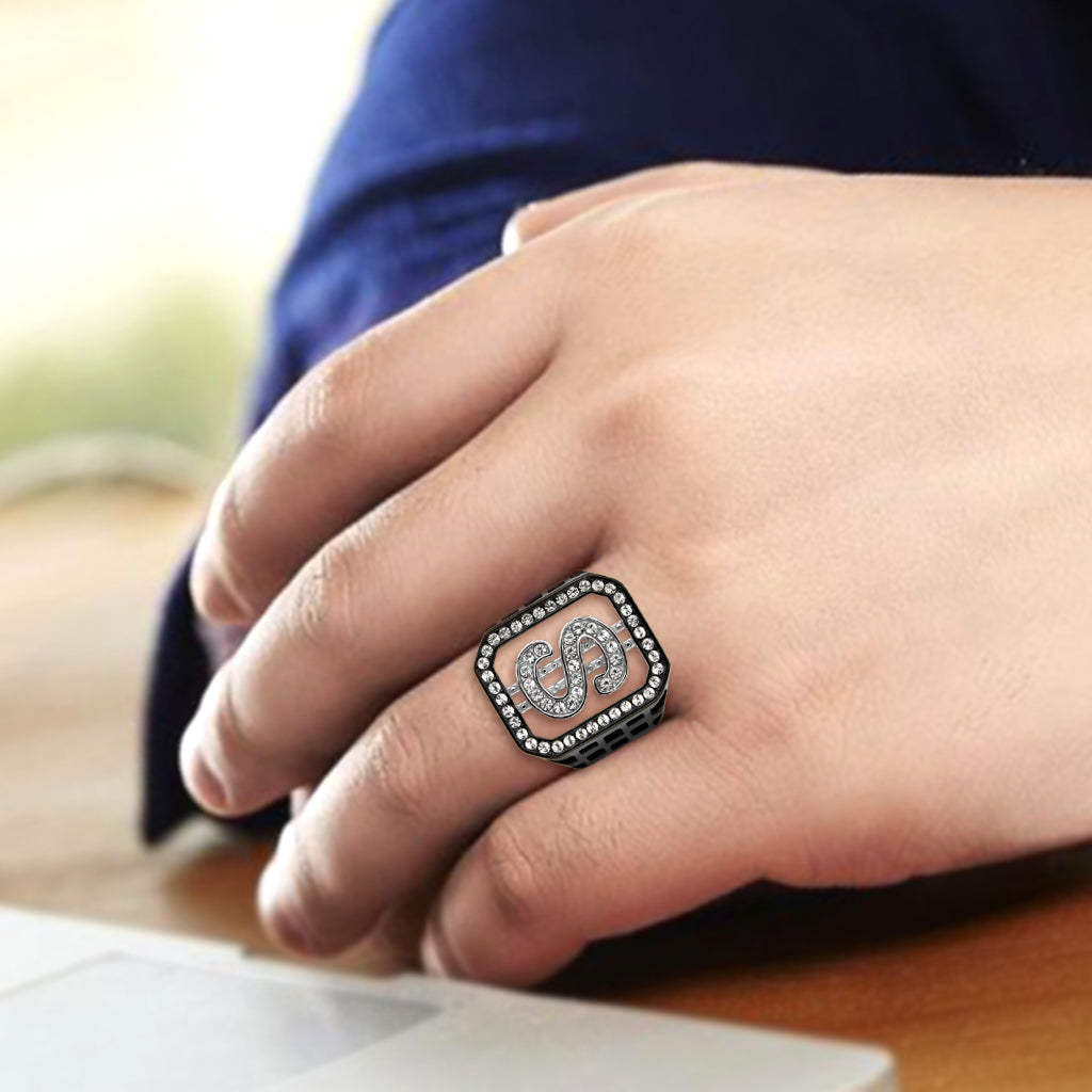 Two Tone IP Black (Ion Plating) Stainless Steel Ring with Top Grade Crystal in Clear