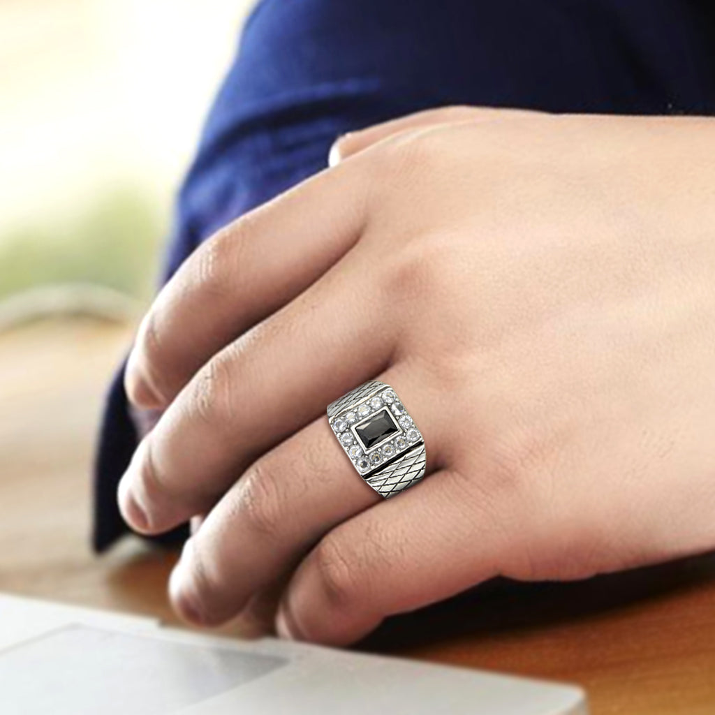 High polished (no plating) Stainless Steel Ring with AAA Grade CZ in Jet