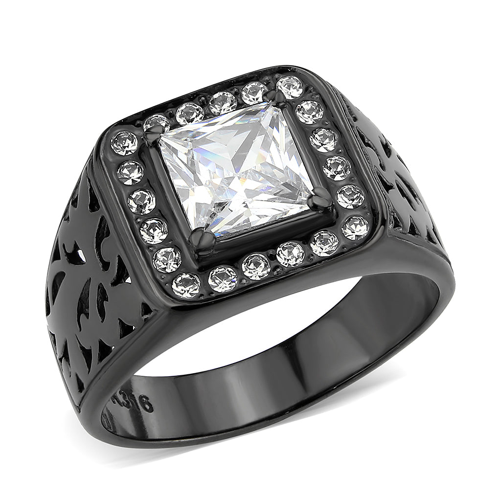 IP Black (Ion Plating) Stainless Steel Ring with AAA Grade CZ in Clear