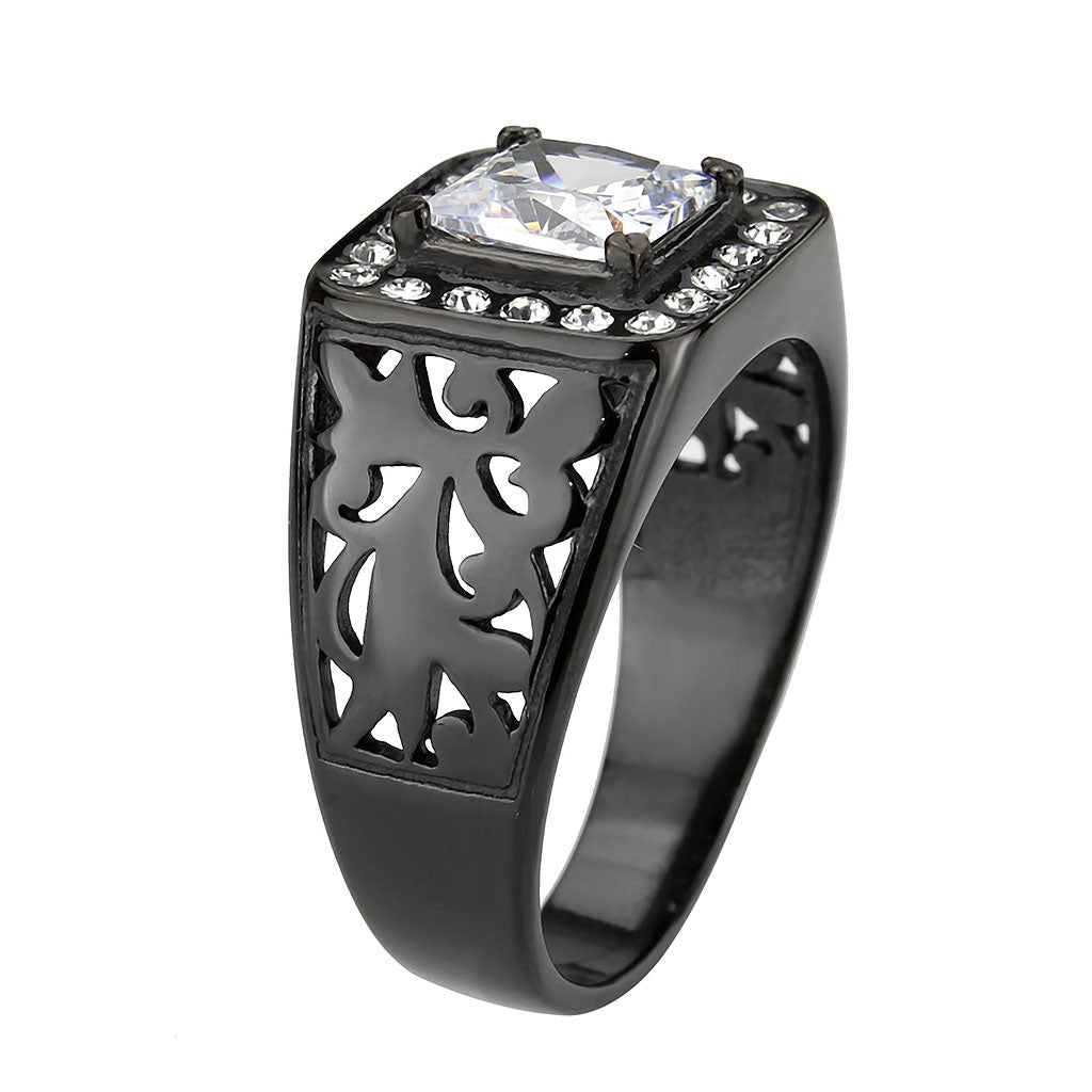 IP Black (Ion Plating) Stainless Steel Ring with AAA Grade CZ in Clear