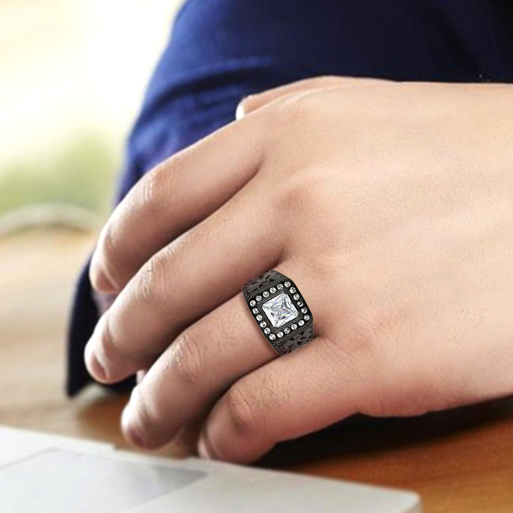 IP Black (Ion Plating) Stainless Steel Ring with AAA Grade CZ in Clear