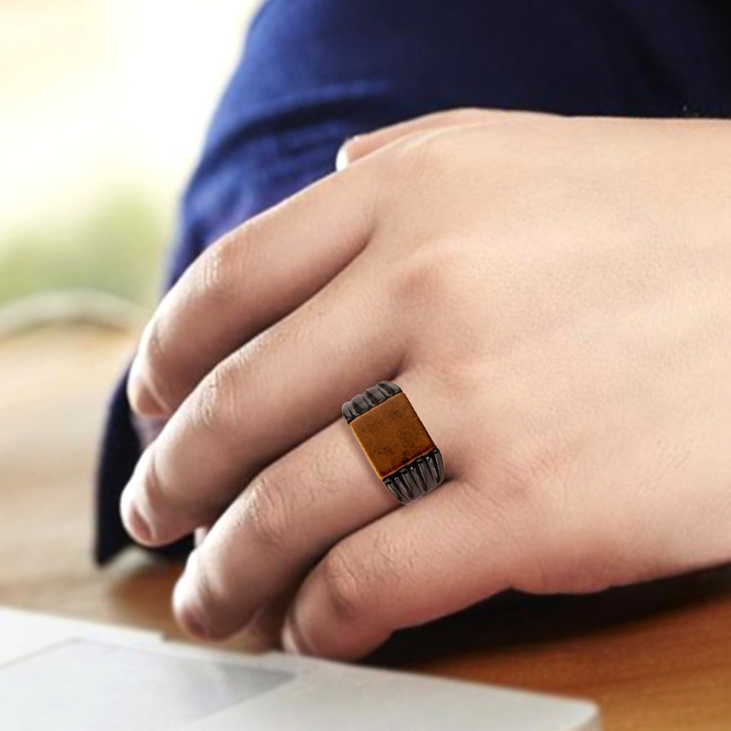 IP Black (Ion Plating) Stainless Steel Ring with Semi-Precious in Topaz