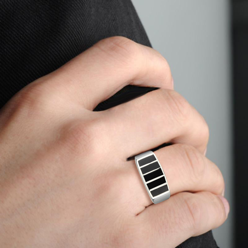High polished (no plating) Stainless Steel Ring with Epoxy in Jet