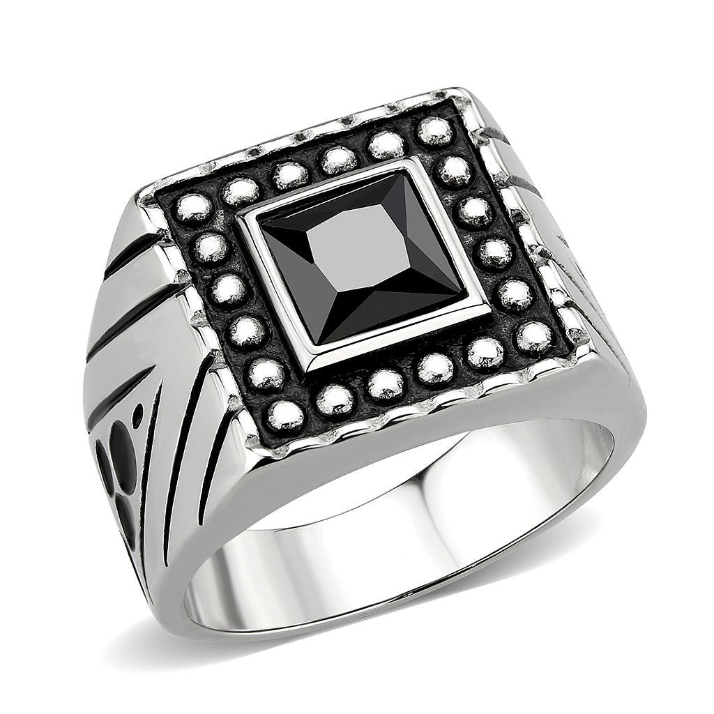 High polished (no plating) Stainless Steel Ring with AAA Grade CZ in Jet