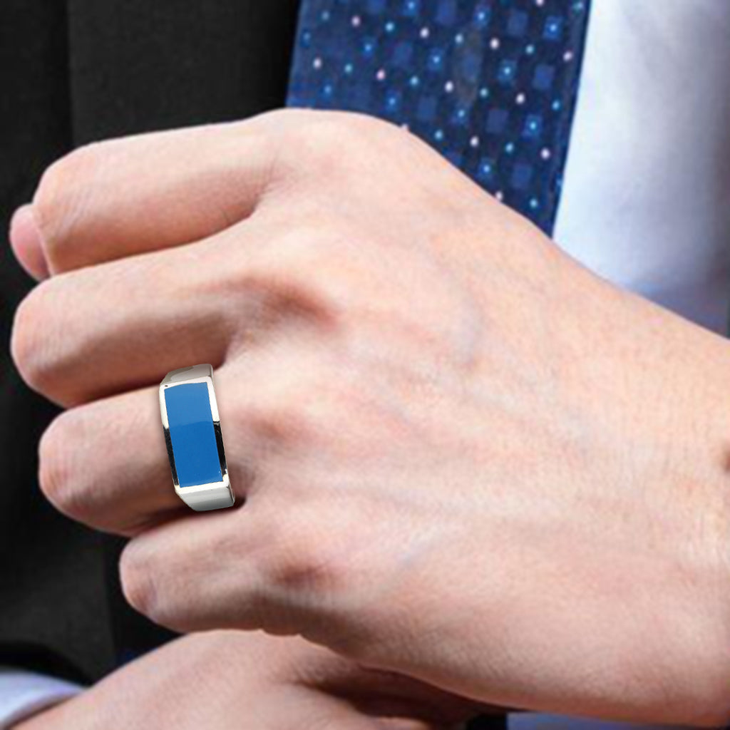 High polished (no plating) Stainless Steel Ring with Epoxy in SeaBlue