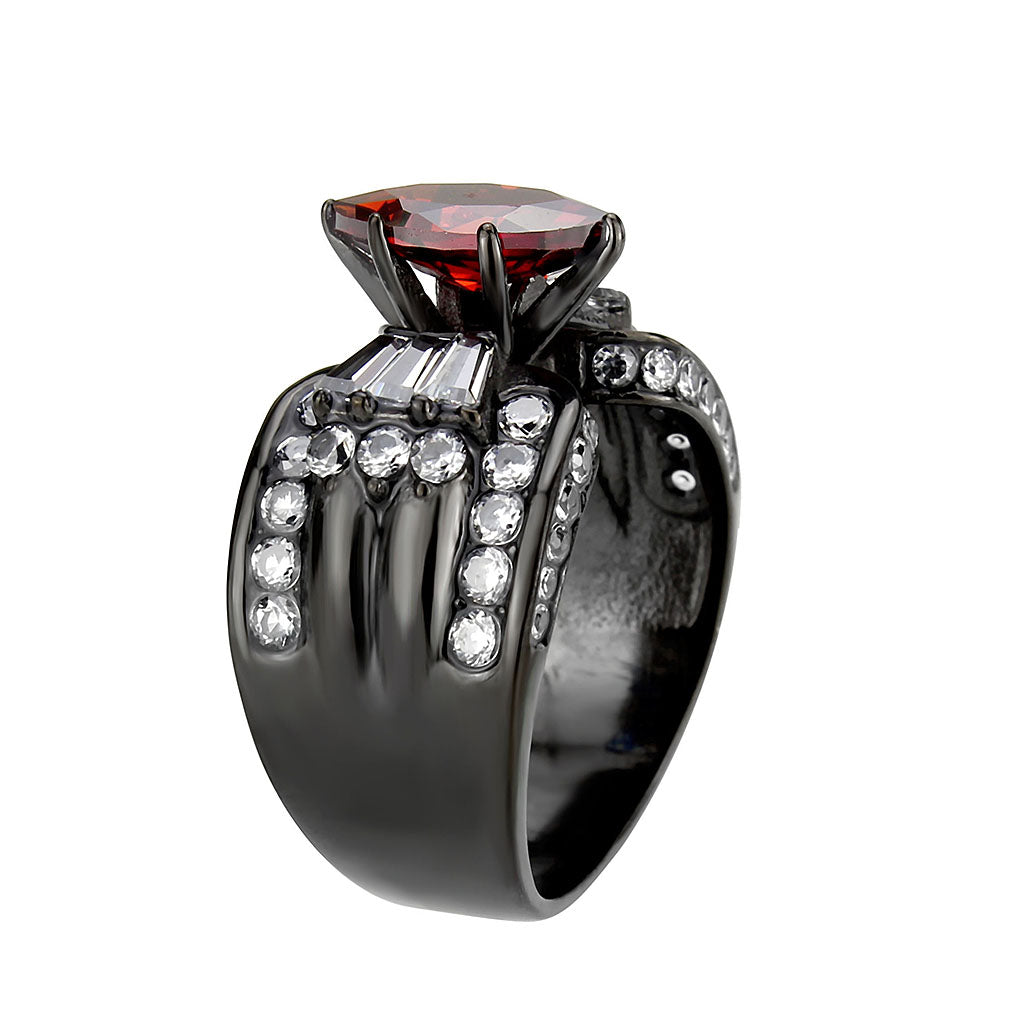 IP Black (Ion Plating) Stainless Steel Ring with AAA Grade CZ in Garnet